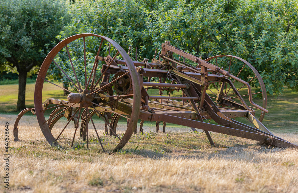 Old rustic farm equipment lies abandoned in a field. Old rustic farm equipment lies abandoned in a field.