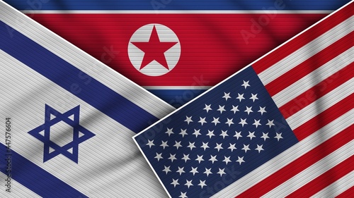 North Korea United States of America Israel Flags Together Fabric Texture Effect Illustration photo