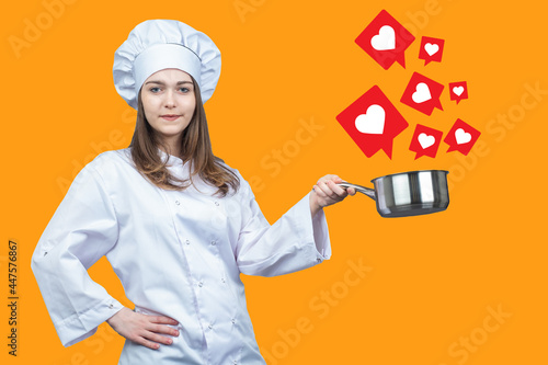 Woman cook. Chef with sauce...