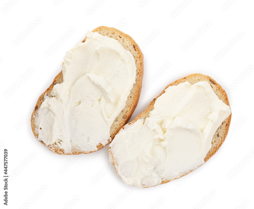 Bread with cream cheese on white background, top view Bread with cream cheese on white background, top view