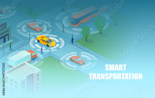Vector of a smart city with transportation and cars moving in the city streets using sensors and autopilot