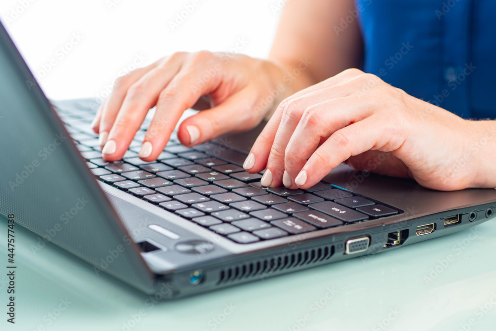 Hands are typing. Woman's hands on keyboard. Girl is typing something. Gain text on keyboard computer. Metaphor of office manager work. Manager's hands close up. Black keyboard close up. Hands are typing. Woman's hands on keyboard. Girl is typing something. Gain text on keyboard computer. Metaphor of office manager work. Manager's hands close up. Black keyboard close up.