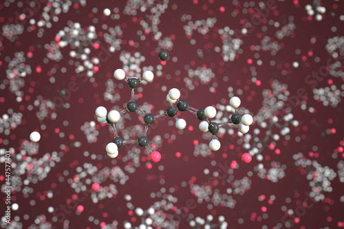 Jasmone molecule made with balls, scientific molecular model. Chemical 3d rendering