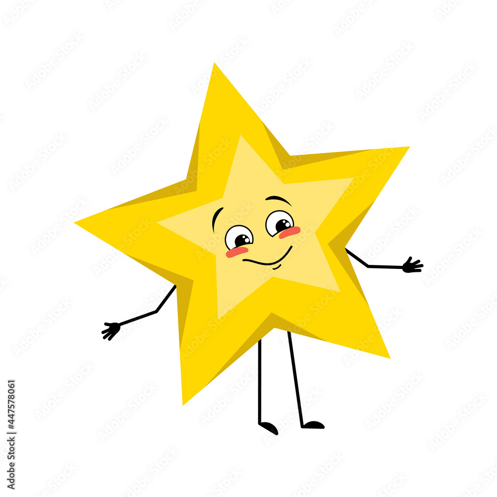 Cute star character with joyful emotions, smile face, happy eyes, arms and legs. Space and weather symbol with kind expression Cute star character with joyful emotions, smile face, happy eyes, arms and legs. Space and weather symbol with kind expression