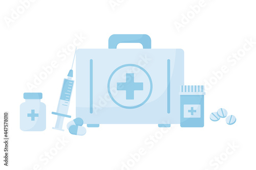 First aid kit with drugs, medical bottle vector icon with pills and syringe, emergency suitcase, doctor box isolated on white background. Healthcare illustration