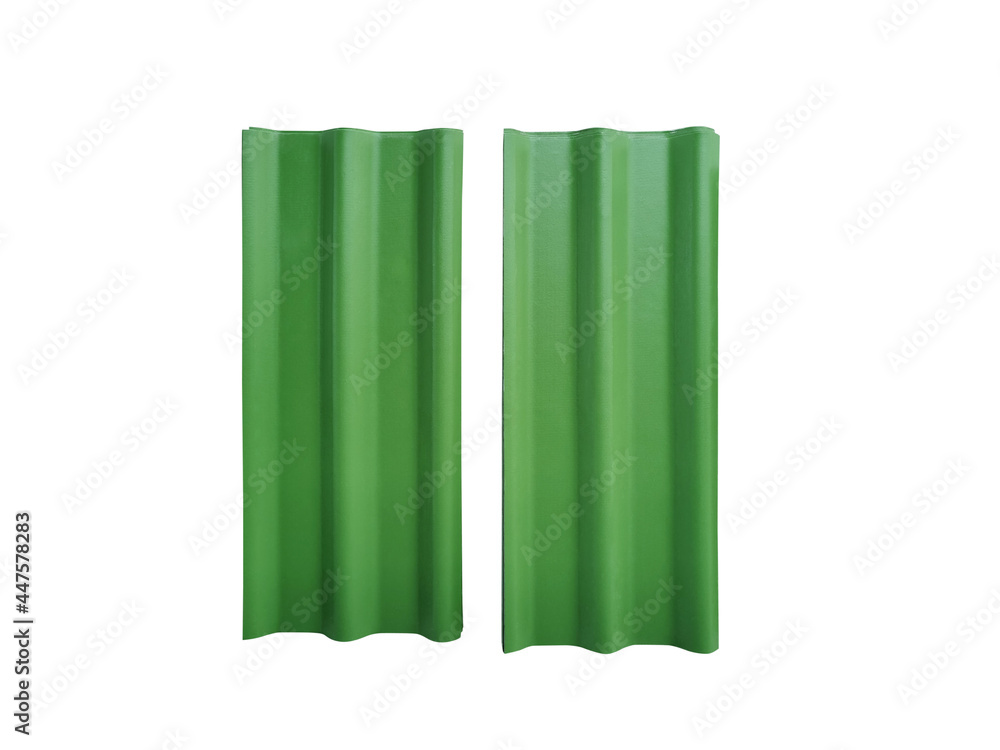 Isolated green twin corrugated roof tiles on white