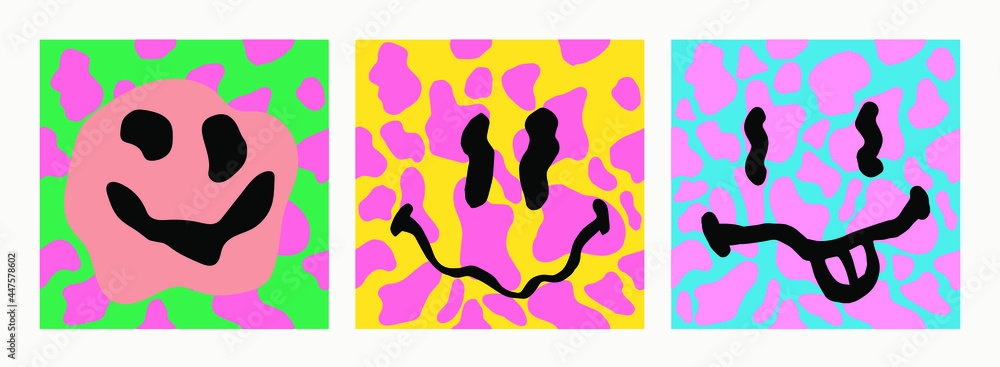 Quirky seamless pattern with melting happy faces in the mood of the 1970's psychedelic style. Quirky seamless pattern with melting happy faces in the mood of the 1970's psychedelic style.