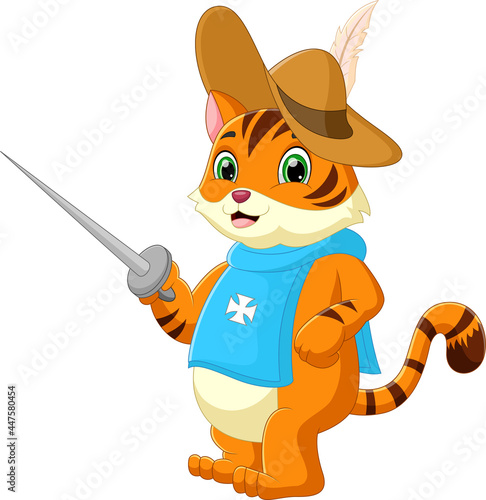 cartoon cute cat holding a sword and wearing a hat