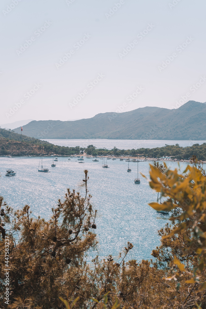 Picturesque landscape of the peninsula beach, view from the mountain road. Fethiye, Mugla province, Turkey.