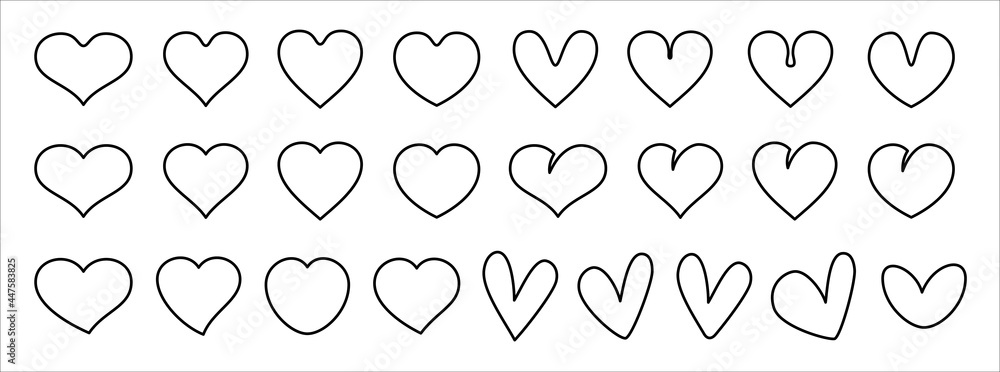 Heart love valentine vector illustration icon set. Black color. Outline thin stroke. Template for sticker cutting Heart love valentine vector illustration icon set. Black color. Outline thin stroke. Template for sticker cutting