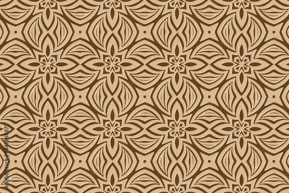 3D volumetric convex embossed geometric beige pattern on a brown background. Ethnic decorative oriental, Asian, Indian motives with handmade elements for design and decoration.