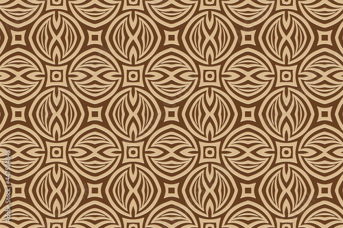 3D volumetric convex embossed geometric beige pattern on a brown background. Ethnic unique oriental, asian, indian motives with handmade elements for design and decoration.