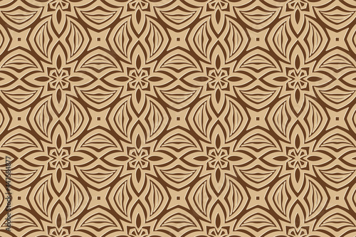 3D volumetric convex embossed geometric beige pattern on a brown background. Ethnic decorative oriental, Asian, Indian motives with handmade elements for design and decoration.