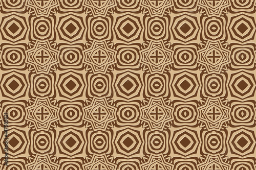 3D volumetric convex embossed geometric beige pattern on a brown background. Ethnic artistic oriental, Asian, Indian motives with handmade elements for design and decoration.
