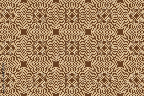 3D volumetric convex embossed geometric beige pattern on a brown background. Ethnic modern oriental, asian, indian motives with handmade elements for design and decoration.