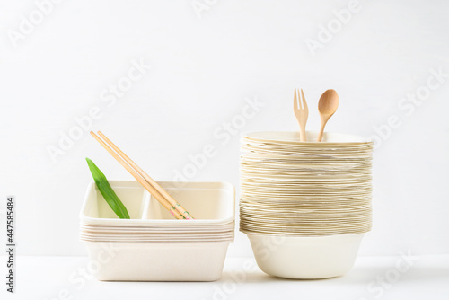 Biodegradable bowl made from natural fiber with chopsticks on white background  Eco friendly and sustainability concept