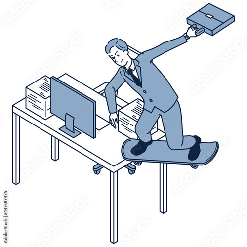 会社内のデスクでスケートボードのトリックを決めるビジネスマンのアイソメ