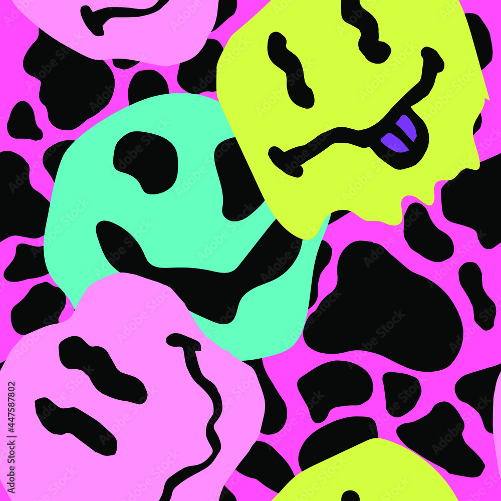 Quirky seamless pattern with melting happy faces in the mood of the 1970's psychedelic style. Quirky seamless pattern with melting happy faces in the mood of the 1970's psychedelic style.