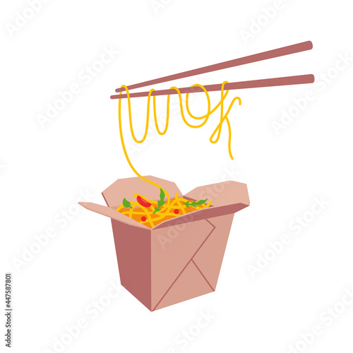 Asian noodle in cardboard box with text wok made with noodles on chopstick. Asian food concept vector illustration