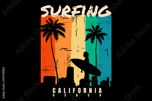 silhouette surfing beach sunset california beautiful retro style photo