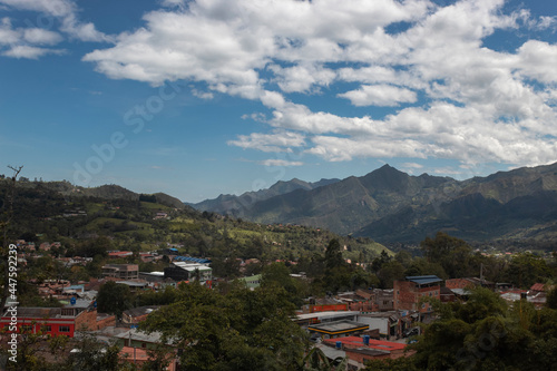 Pacho colombian town morning landscape with eastern hills and blue sky. 