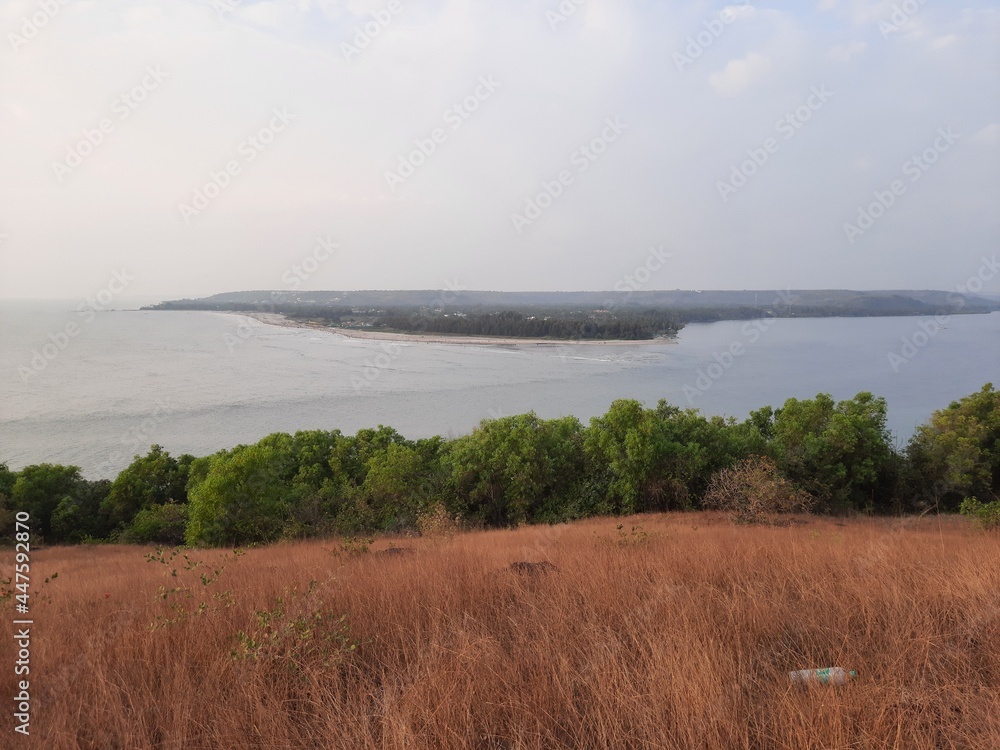 view of the Chapora Fort to Morjim Beach at Goa. Morjim Beach top view. goa beach.