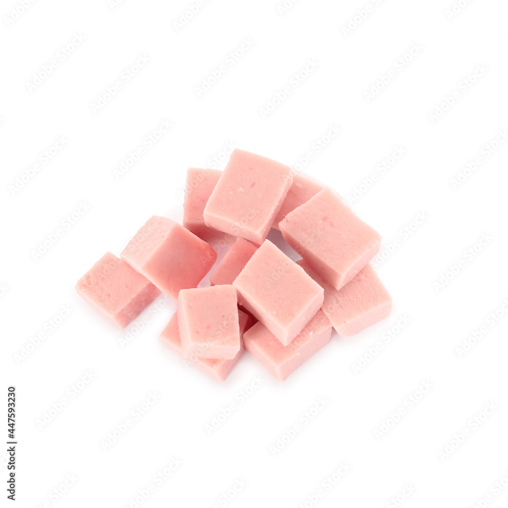 Pieces of delicious boiled sausage on white background, top view Pieces of delicious boiled sausage on white background, top view