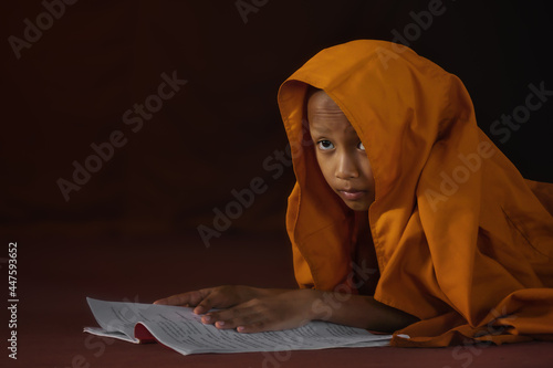 Billede på lærred little buddhist novice lying on floor in temple reading buddhist book