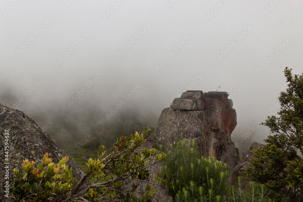 The top of an ancient extrange monolith viewed from the topof another monolith with green smal bushes and andean mountains at background in foggy day The top of an ancient extrange monolith viewed from the topof another monolith with green smal bushes and andean mountains at background in foggy day
