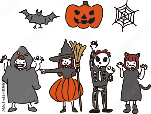 アートとイラストレーションハロウィンで仮装する子供達のイラスト