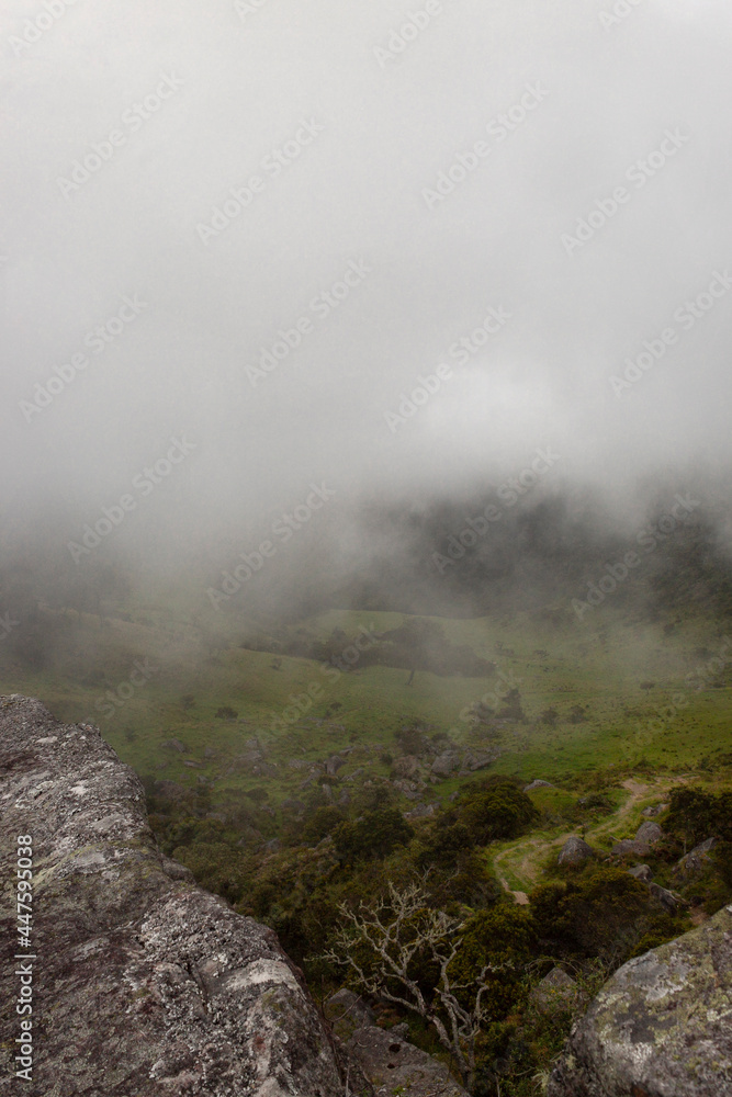 Andean forest mountains and valley viewed from a monolith stone with rural path and fog