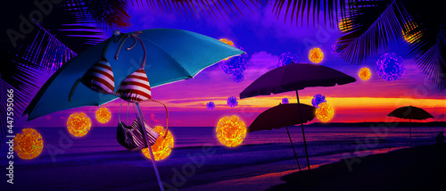 Blue beach umbrella with coronavirus on vacation