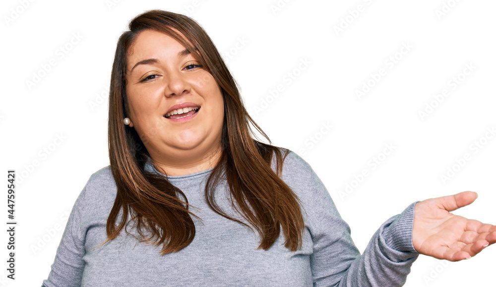 Beautiful brunette plus size woman wearing casual clothes clueless and confused with open arms, no idea concept. Beautiful brunette plus size woman wearing casual clothes clueless and confused with open arms, no idea concept.