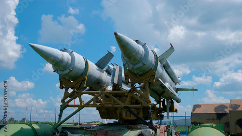 Military missiles at the exhibition in open-air museum. History and military concept