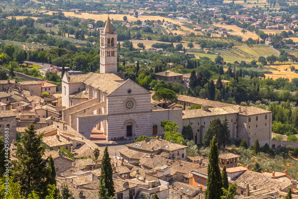 Landscape view of Assisi, Perugia, Italy depicting the Saint Clare Basilica