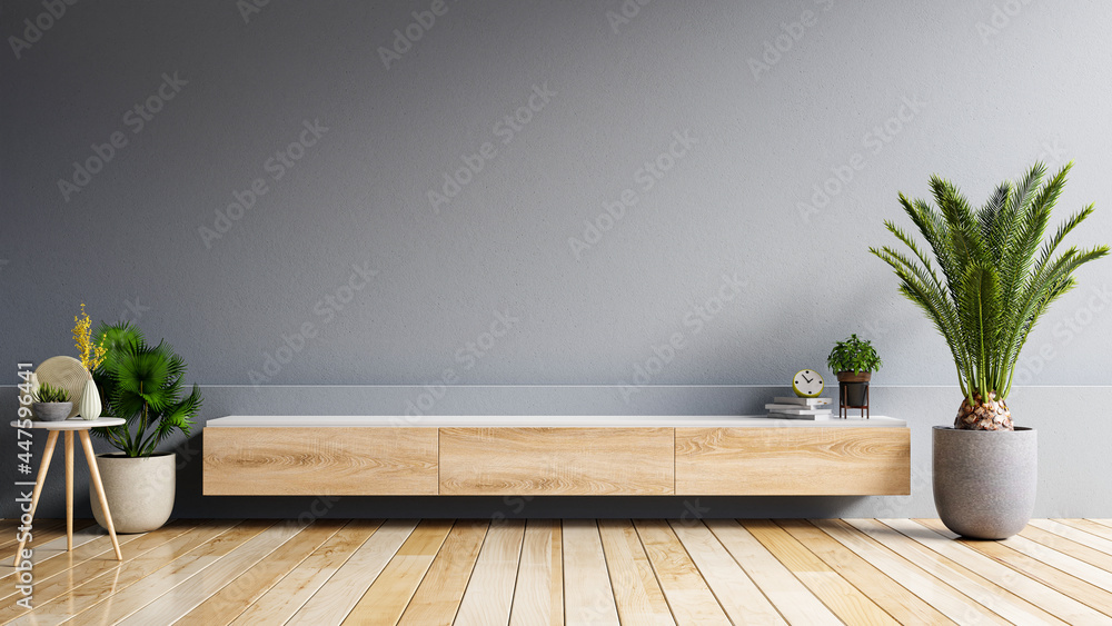 Mockup cabinet in modern living room with plant on dark gray wall background. - obrazy, fototapety, plakaty 