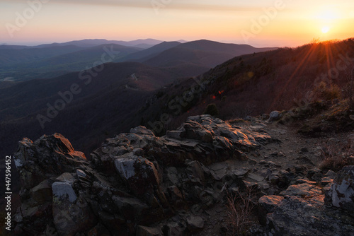 A grand sunrise view of Shenandoah National Park looking north from the summit of Stony Man Mountain.