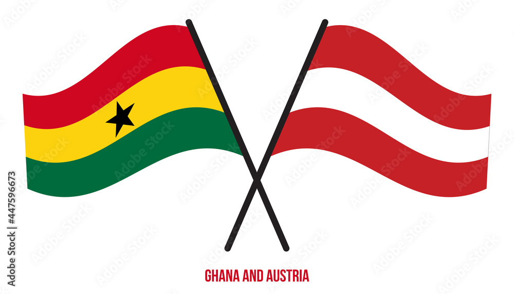 Ghana and Austria Flags Crossed And Waving Flat Style. Official Proportion. Correct Colors. Ghana and Austria Flags Crossed And Waving Flat Style. Official Proportion. Correct Colors.
