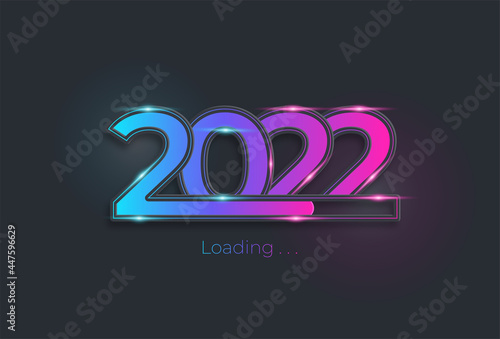 Happy new year 2022 with loading blue neon style. Progress bar almost reaching new year's eve. Vector illustration with 2022 loading. Isolated or dark light blue background