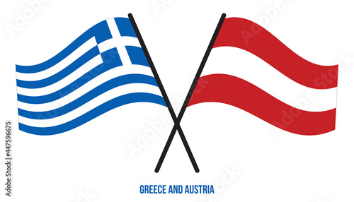 Greece and Austria Flags Crossed And Waving Flat Style. Official Proportion. Correct Colors.