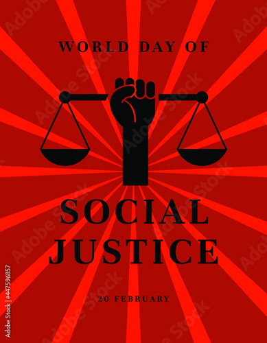 world day of social justice banner vector illustration with handhold up scales of justice on a red background