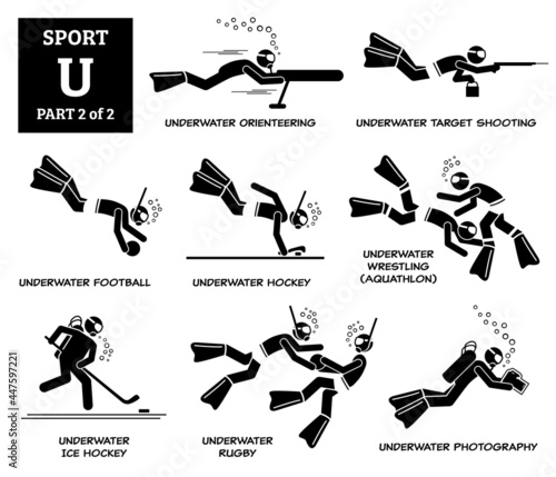 Sport games alphabet U vector icons pictogram. Underwater orienteering, target shooting, underwater football, hockey, wrestling, underwater ice hockey, rugby, and photography.