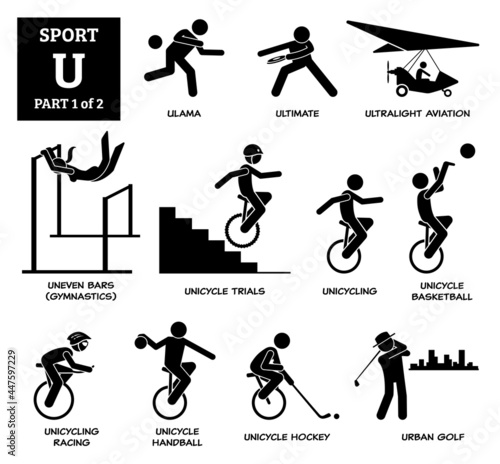 Sport games alphabet U vector icons pictogram. Ulama, ultimate, ultralight aviation, uneven bars gymnastic, unicycle trials, unicycling, unicycle basketball, racing, handball, hockey, and urban golf.
