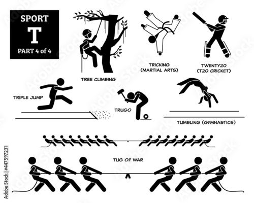 Sport games alphabet T vector icons pictogram. Tree climbing, tricking martial arts, twenty20, triple jump, trugo, tumbling gymnastic, and tug of war.