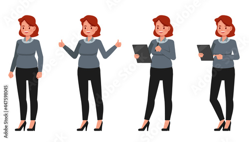 Businesswoman working in office character vector design. Presentation in various action.