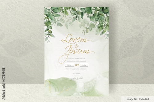 greenery wedding invitation card template with hand drawn eucalyptus and alcohol ink background