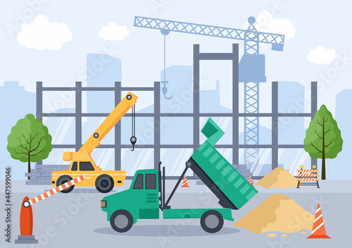 Construction of Building Vector illustration. Architecture Makes Foundation, Pours Concrete, Excavator Digs, Use Machine Tower Cranes and Truck Crane. Real Estate Cartoon Business