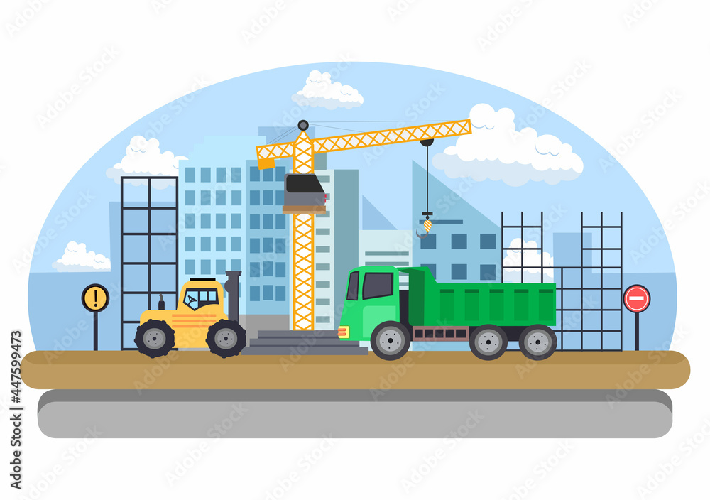Construction of Building Vector illustration. Architecture Makes Foundation, Pours Concrete, Excavator Digs, Use Machine Tower Cranes, Dump Trucks and Forklift. Real Estate Cartoon Business