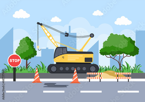 Construction of Building Vector illustration. Architecture Makes Foundation, Pours Concrete, Excavator Digs, Use Machine Tower Cranes and Dragline Excavator. Real Estate Cartoon Business