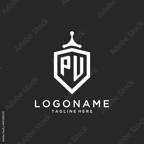 PU monogram logo initial with shield guard shape design